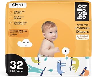 Hello Bello Premium Baby Diapers Size 1, 32 Count of Disposable, Extra-Absorbent, Hypoallergenic Baby Diapers with Snug and Comfort Fit, Sleepy Sloth