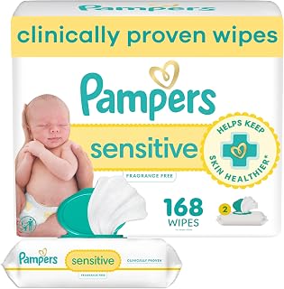 Pampers Sensitive Baby Wipes, Clinically Proven, Fragrance Free, Unscented, Water Based, Hypoallergenic, Multi-Use, Hand Wipes 168 Wipes Total (2X Flip-Top Packs) [Packaging May Vary]