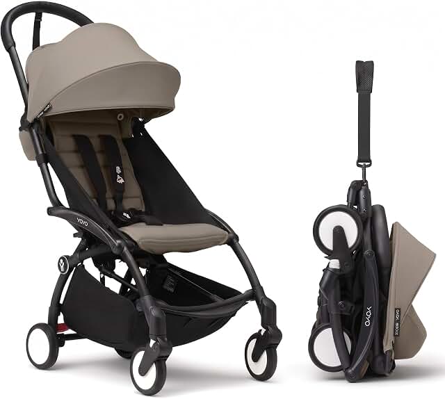 Stokke YOYO3 Travel Stroller from 6 Months, Easy Fold, Black/Taupe | Includes Frame, Seat Cushion, & Canopy, Light & Compact, Carry-on Compatible, Storage in Zip Back Pocket & Under Seat Basket