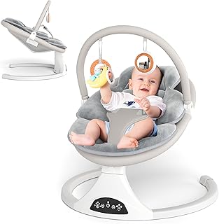 Electric Baby Swing with Remote Control - 5 Natural Motion Speeds, Detachable Seat Pad, Portable Infant Swing for Indoor/Outdoor Use, 0-6 Months, 20lbs, Gray