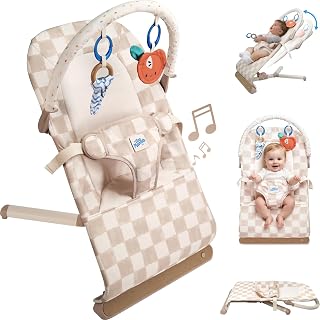 Tiny Marvels Portable Foldable Baby Bouncer with Ergonomic & Music, 0-12M | BPA-Free, 3-Point Safety Harness, Machine Washable Seat Cushion, for Home Use & Busy Time, Up to 20 lbs, Sand Checks