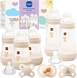 MAM Easy Start Anti-Colic 5 Baby Bottle & 3 Pacifier Newborn Gift Set | 5 Self Sterilizing Bottles (3X 5oz, 2X 9oz) & 3 Original Pacifiers 0–16 Months + Extra Nipples, Made In Europe