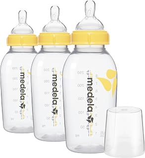 Medela Breast Milk Storage Bottles, 3 Pack of 8 Ounce Breastfeeding Bottles with Nipples, Lids, Wide Base Collars, and Travel Caps, Made Without BPA