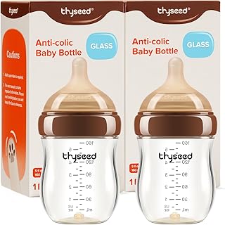 Thyseed Anti-Colic Glass Baby Bottle for Breastfed Infants, Natural Feeding, Breast-Like Newborn Extra Slow Flow Nipple (0m+), 5 oz, 2 Pack