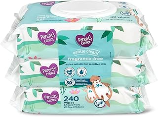 Parent's Choice Gentle Clean Fragrance-free Unscented No Scent Baby Wet Wipes Suitable for Sensitive Skin Infused with Vitamin E and Aloe, 240 Count (Value Pack Includes 3 80-Count Packages) - 1 Pack | Fragrance-free, Suitable for Sensitive Skin, Infused with Vitamin E and Aloe, Value Pack Includes 3 80-Count Packages