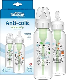 Dr. Brown's Natural Flow Anti-Colic Options+ Narrow Baby Bottle, Frog and Pig, 8 oz/250 mL, with Level 1 Slow Flow Nipple, BPA-Free, 0m+, 2-Pack