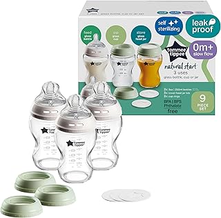 Tommee Tippee Natural Start Glass Baby Bottles, 0m+, 9oz | Pack of 3, Slow Flow Breast-Like Nipple, Self-Sterilizing, Travel Jar Lids & Cup Rings, BPA & Phthalate Free