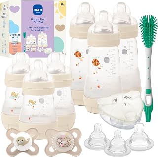 MAM Baby's First Easy Start Anti-Colic+ Baby Bottle Set | 6 Easy Start Bottles (5oz & 9oz) 8 SkinSoft Nipples (Extra Slow & X-Fast Flow), 1 Glow in The Dark Pacifier, & Brush