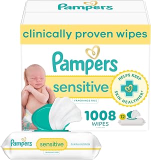 Pampers Sensitive Baby Wipes, Water Based, Clinically Proven, Hypoallergenic, and Unscented for Babies, 1008 Wipes Total (12 Flip-Top Packs) [Packaging May Vary]