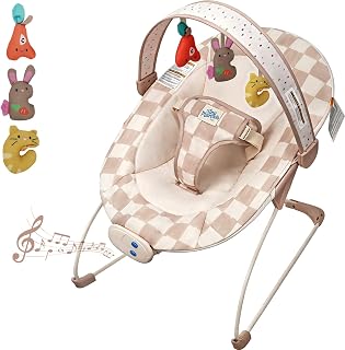 Baby Bouncer – Baby Bouncer seat, Infants Bouncy Seat with Music & Sensory Toys, Machine Washable Seat Pad Indoor Infant Seat, Ideal for Newborns 0-6 Months, 20lbs (Sand Check)