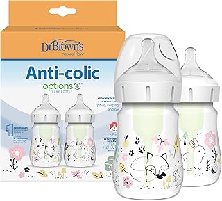 Dr. Brown's Anti-Colic Options+ Wide-Neck Baby Bottle Designer Edition Bottles, Woodland Decos, 5 oz/150 mL, Level 1 Nipple, 0m+, 2-Pack