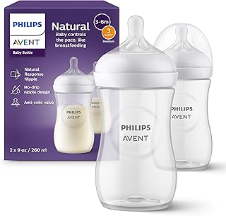 Philips Avent Natural Baby Bottles with Natural Response Nipples (Medium Flow, Flow 3), 9oz, 2-Pack, SCY903/02