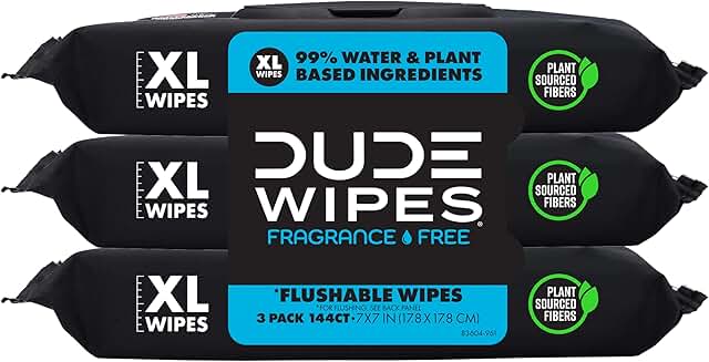 DUDE Wipes Unscented Adult Flushable Wet Wipes, Sensitive Skin, 144 Count | 3 packs of 48 extra large flushable butt wipes. Hypoallergenic plastic-free wipes. 99% water, vitamin E, aloe. Septic safe.