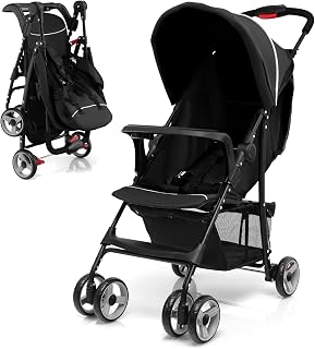 HONEY JOY Travel Stroller, Quick Fold Lightweight Baby Umbrella Stroller for Airplane, Adjustable Canopy & Backrest, Storage Basket, Removable Meal Tray, Compact Stroller Newborn and Toddler(Black)