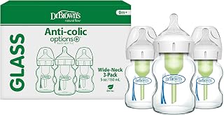Dr. Brown's Natural Flow Anti-Colic Options+ Wide-Neck Glass Baby Bottles 5 oz/150 mL, with Level 1 Slow Flow Nipple, 3 Pack, 0m+