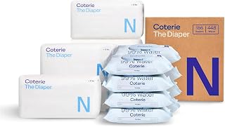Coterie Baby Wipes + Diapers Kit, Size Newborn Diapers, 8-Pack Wipes | Includes Newborn diapers (186 ct), 8 pk (448 ct) wipes, 99% water, plant based, hypoallergenic for sensitive skin