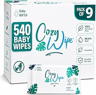 Baby Wipes, 99.9% Water Based Unscented Diaper Wipes for Sensitive Newborn Skin, Plant-Based, Plastic-Free, 9 Packs, 540 Count