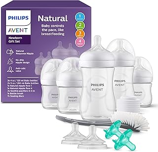 Philips Avent Natural Response Baby Gift Set - 3X 4oz Bottles with Slow Flow Nipple (Level 2), 2X 9oz Bottles with Medium Flow Nipple (Level 3), 2 Extra Nipples, 2X Soothie Pacifiers 0-3m, SCD838/02