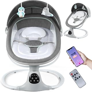 Electric Baby Swing for Infants to Toddler, 0-9 Months Portable Swing Rocker 5 Sway Speed, Bluetooth,12 Preset Lullabies with Remote Control, Infant Swing for Baby Boys & Girls, Grey