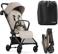Mompush Nexis Carbon Fiber Lightweight Travel Stroller, Carry-On, Khaki | Lightweight travel stroller for airplane, compact auto-fold, one-hand recline, XL basket, cup holder, rain cover included