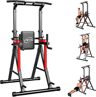 Power Tower Pull Up Bar Free Standing,Multi-Level Adjustable Height Dip Station, Multi-Grip Handles,Backrest,Home Gym Strength Training Equipment with Power Elastic Ropes,Capacity 400LBS
