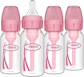 Dr. Brown's Natural Flow Anti-Colic Options+ Narrow Baby Bottle, 4 oz/120 mL, with Level 1 Slow Flow Nipple, Pink, 0m+, 4 Pack