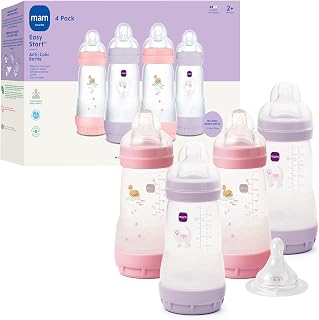 MAM 9oz Easy Start Anti-Colic+ Vented Baby Bottles, 2+ Months, 4 Pack, Girl | Medium Flow Breastfeeding-Like Nipple, Dual Anti-Colic Reduces Gas & Reflux, Easy Clean, BPA Free, 2+ Months, Made In Europe