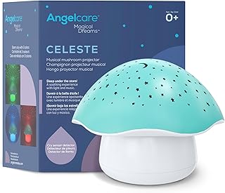 Celeste Musical Mushroom Night Light Baby Projector - Sleep Soother with Adjustable Volume Lullabies, White Noises, 3 Night Light Colors, and Cry Sensor Detector