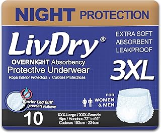 LivDry 3XL Overnight Adult Diapers for Women and Men, XXXL Incontinence Underwear, 72”-92" Waist, Disposable Pull-On Briefs, XXX-Large, 10 Count