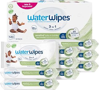 Sensitive+ Baby & Toddler Wipes, 3-In-1 Cleans, Cares, Protects, 99.9% Water, Textured Clean, Unscented & Hypoallergenic, 540 Count (Pack of 9)