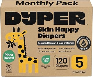 DYPER Baby Diapers Size 5 (120 Count) – Plant-Based, Hypoallergenic, Fragrance-Free & Ultra Absorbent Disposable Diapers for Day and Overnight Skin Protection, Value Pack Size 5 Diapers