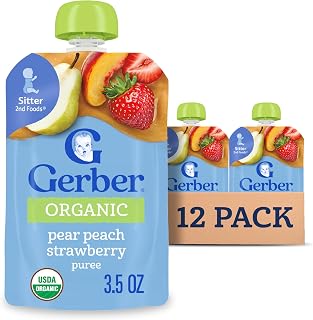 Gerber Stage 2 Organic Pear Peach Strawberry Pouches, 3.5 Oz, 12 Pack | Stage 2 organic fruit puree pouch; pear peach strawberry; 2 servings of fruit; no added sweetener; no artificial colors