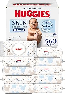 Huggies Skin Essentials Baby Wipes, Hypoallergenic, 99% Water, 10 Flip Top Packs (560 Wipes Total)