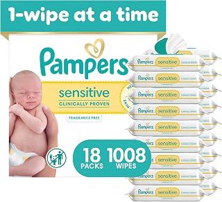 Pampers Sensitive Baby Wipes, Clinically Proven, Fragrance Free, Unscented, Water Based, Hypoallergenic, Multi-Use, Hand Wipes 1008 Wipes Total (18X Flip-Top Packs) [Packaging May Vary]