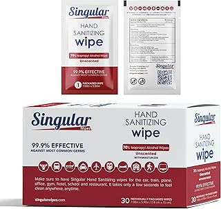 Hand Sanitizing Wipes Travel Size by Singular Wipes –30ct Individually Wrapped | Fragrance-Free, Moisturizing, 70% Isopropyl Alcohol Wipes | Travel, Home, Office, Daily Use