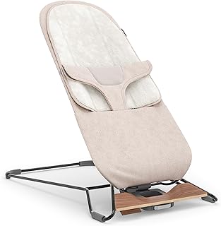 UPPAbaby Mira Bouncer/Portable 2-in-1 Bouncer + Seat Grows With Your Baby/GREENGuard® Gold, JPMA + FSC® certified/Cozy Seat Liner + Storage Bag Included/Charlie (Sand Mélange/Black Chrome/Walnut Wood)