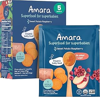 Amara Organic Baby Food - Stage 2 - Sweet Potato Raspberry - Baby Cereal to Mix W/Breastmilk, Water or Baby Formula - Shelf Stable Baby Food W/Organic Fruit and Veggies - 5 Pouches 3.5oz Per Serving