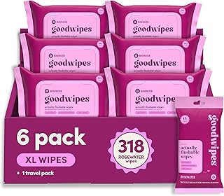 Flushable Wipes for Adults - Rosewater Butt Wipes for Women & Men, Septic Safe, Toilet & Bathroom Essentials, Extra Large, 318 Count (6 Packs and 1 Travel Pack)
