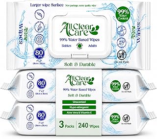 Baby Wipes, Unscented for Sensitive Skin, Large Soft Durable & 99% Water Based, Gentle & Hypoallergenic for Babies & Adults, Vitamin E and Aloe, Flip Top Lid, 3 Pack (240 Wipes)