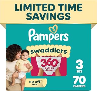 Pampers Diapers - Swaddlers 360° - Size 3, 70 Count, up to 100% Leakproof Comfy Dry Fit, Designed for Easy Changes, Pull On Baby Diaper (Packaging May Vary)
