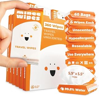 Impossibly Compact Travel Wipes - 99.5% Water - Safe for Sensitive Skin & Hypoallergenic, Resealable, Thick & Durable - For Adults & Kids - Unscented, 60 Pack Total 360 Wipes