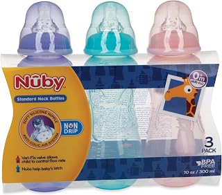 Nuby Non-Drip Standard Neck Baby Bottles - 10 oz (3 Pack) - Vari-Flo Flow Control Nipple - Anti-Colic Air System - 0+ Months