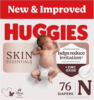 Huggies Size Newborn Diapers, Skin Essentials Baby Diapers, Size Newborn (6-9 lbs), 76 Count, Packaging May Vary