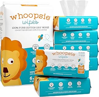 Whoopsie Wipes – The Original 100% Pure Cotton Dry Baby Wipes (600 Count) | Unscented, Ultra-Soft, Chemical-Free Wipes for Sensitive Skin, Lint-Free, Use Dry or Wet, Tear-Resistant, Biodegradable
