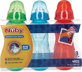 Nuby Non-Drip Standard Neck Baby Bottles - 10 oz (3 Pack) - Vari-Flo Flow Control Nipple - Anti-Colic Air System - 0+ Months