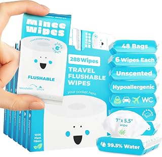 Impossibly Compact Travel Flushable Wipes - 99.5% Water and Aloe - Safe for Sensitive Skin & Hypoallergenic - Travel Essentials for Adults & Kids, Unscented, 48 Pack 288 Wipes