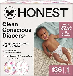 The Honest Company Daytime Diapers, Rose Blossom + Tutu Cute, Size 1, 136ct