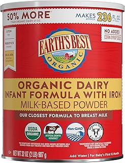 Earth's Best Organic Baby Formula for Babies 0-12 Months, Powdered Dairy Infant Formula with Iron, Omega-3 DHA, and Omega-6 ARA, 32 oz Formula Container