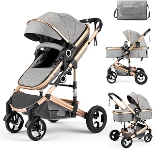 Kinder King 2 in 1 Convertible Baby Stroller, Diaper Bag, Gold | Folding High Landscape Infant Carriage, Newborn Reversible Pram, Anti-Shock Toddler Pushchair Stroller, Gift, 0-36 Months
