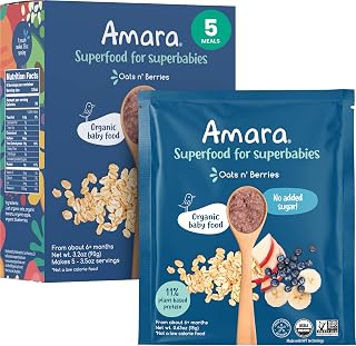 Amara Organic Baby Food - Stage 2 - Oats & Berries - Baby Cereal to Mix With Breastmilk & Water - Shelf Stable Baby Food Pouches Made from Organic Fruit and Veggies - 5 Pouches, 3.5oz Per Serving